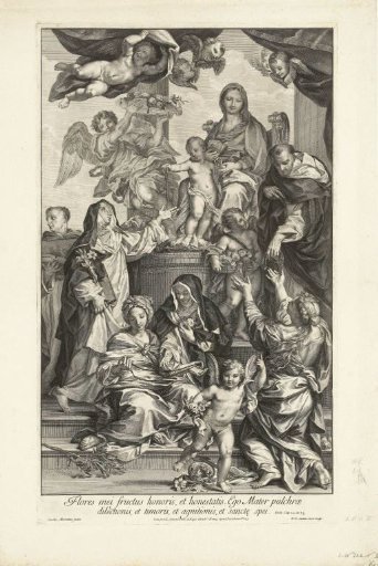 Mary with child on a throne, with rosaries