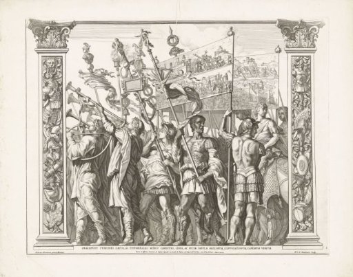 Soldiers carry banners with the heroic deeds of Caesar