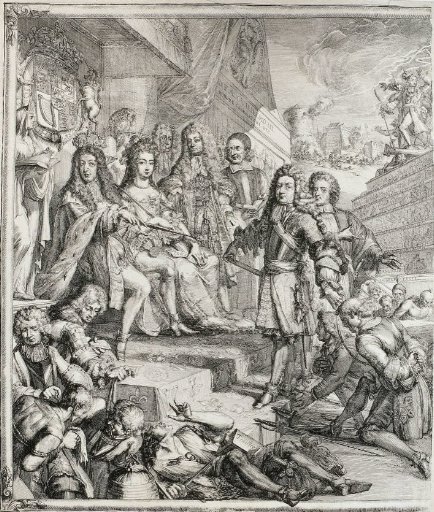 Allegory on the events of 1689 with William III and Mary on the throne (left half)