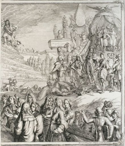 Allegory on the events of 1689 with William III and Mary on the throne (right half)