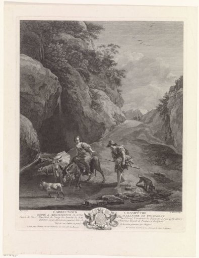 Peasants wading a stream in the mountains