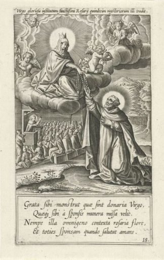Vision of the Virgin Mary handing a rosary to Saint Dominic
