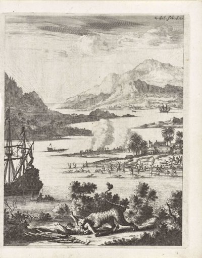 Lion attacking a woodcutter