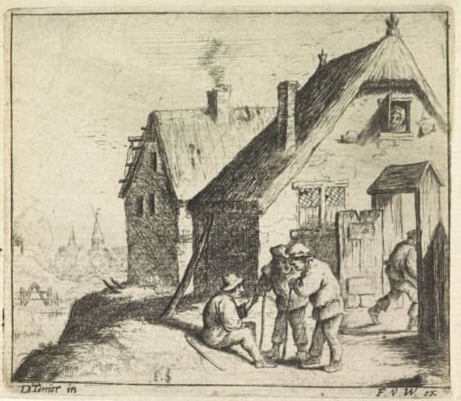 Three men in conversation outside a house