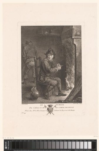 Man smoking in front of a fireplace stops his pipe