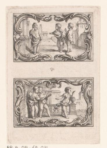 Two Vignettes with Three Putti Amidst Buildings