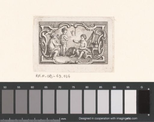 Vignette with Putti Rolling Up Wool and Sewing