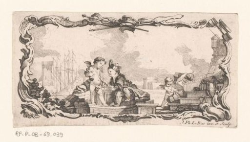 Vignette with Two Putti in Conversation on the Quay of a Harbor