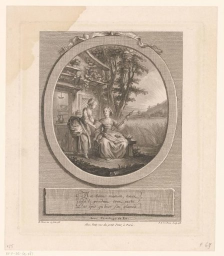 Mother and daughter with a spindle in front of a house