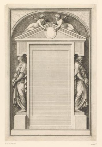 Title print with a pediment flanked by two saints and two putti