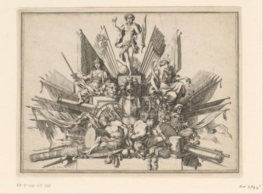 Vignette with Trophies of Arms, Liberality, Strength and Victory