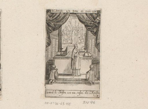Priest before an altar with two acolytes