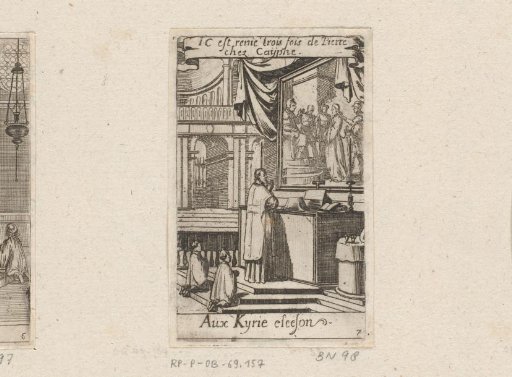 Priest with two kneeling acolytes before an altar