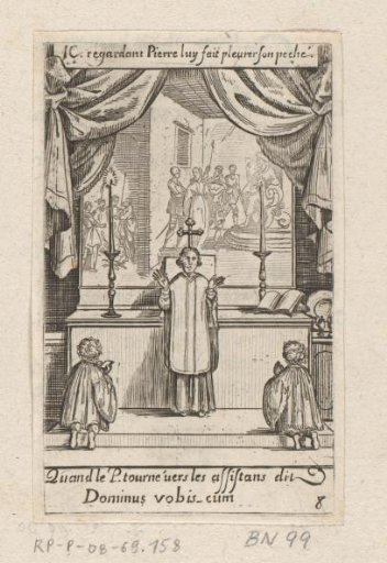 Priest before an altar with two kneeling acolytes