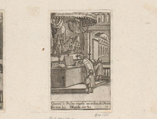 Priest with two acolytes before an altar