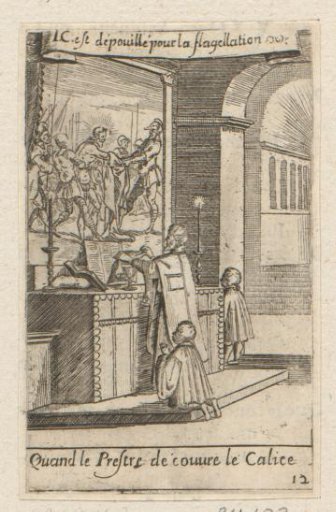 Priest with two acolytes before an altar