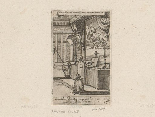 Priest with two acolytes before an altar