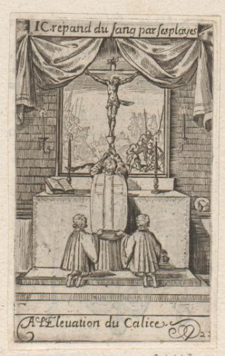 Priest with chalice and two altar servers before an altar