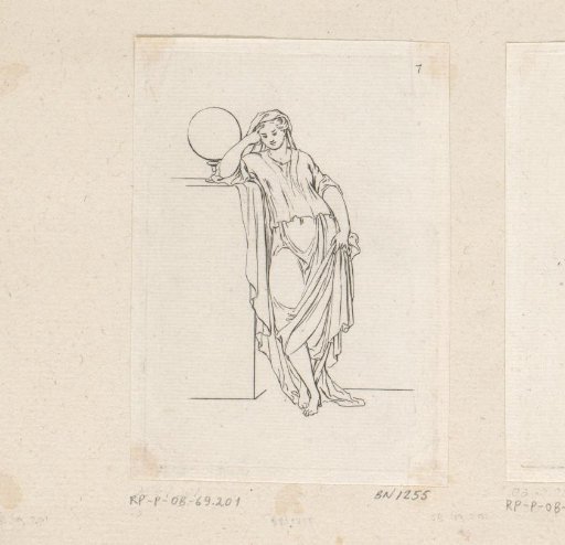 Standing woman leaning beside a globe