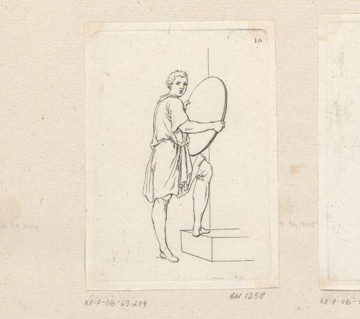 Standing man with foot on a step and shield in his hands