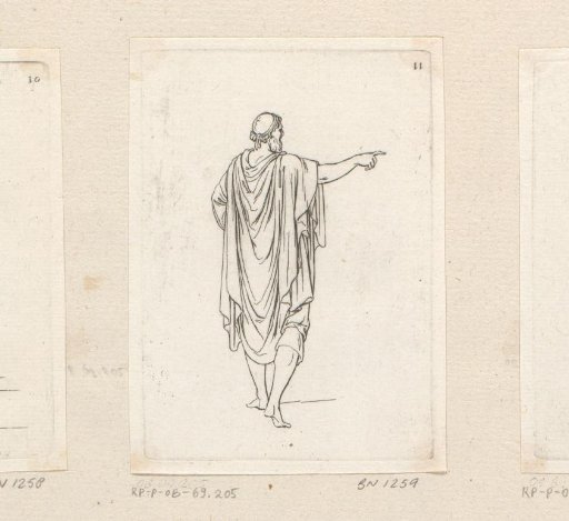 Standing man pointing to the right seen from behind