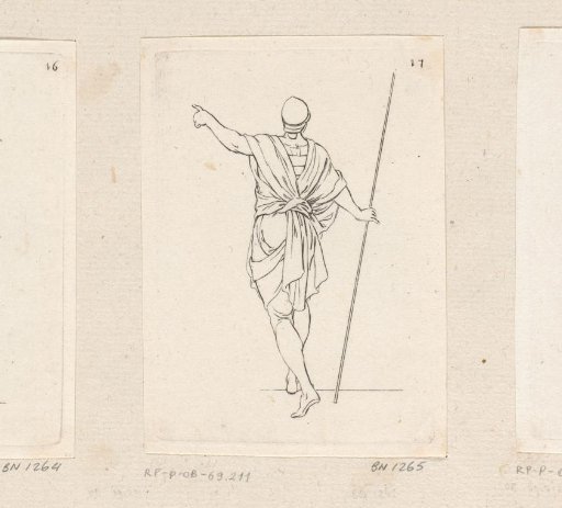 Man seen from the back with helmet and staff