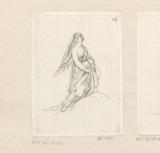 Kneeling woman with bare breast on a cloud