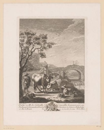 Landscape with shepherd and cattle at a bridge over a waterfall