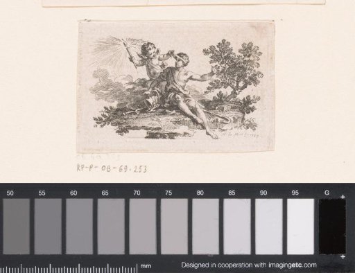 Vignette with Cupid holding a torch, lifting the blindfold from a seated man