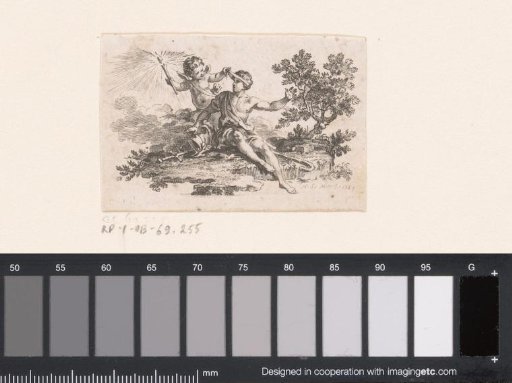 Vignette with Cupid holding a torch, lifting the blindfold from a seated man
