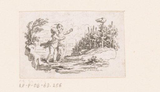 Vignette with a naked boy and girl pointing at an animal skull on a stick