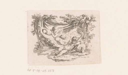 Vignette with Cupid and a putto leaning against an urn