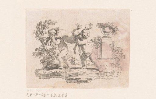 Vignette with two putti carrying a wolf