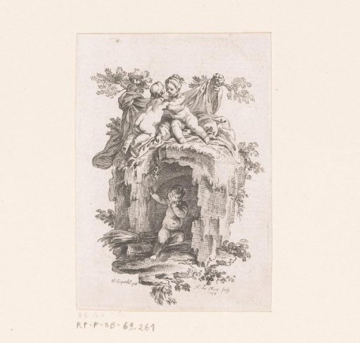 Two kissing putti above a grotto