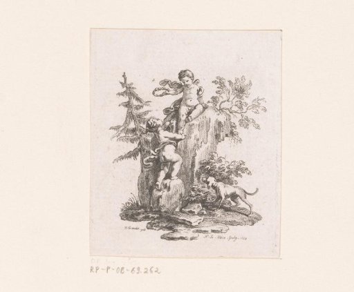Two putti and a dog