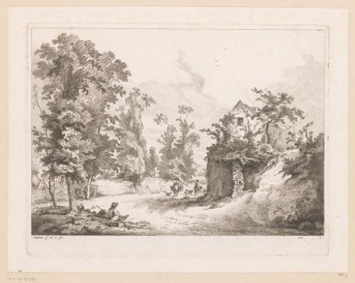 Landscape with a house on a hill and a passing shepherd