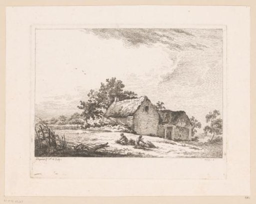 Landscape with two figures binding branches together in front of a house