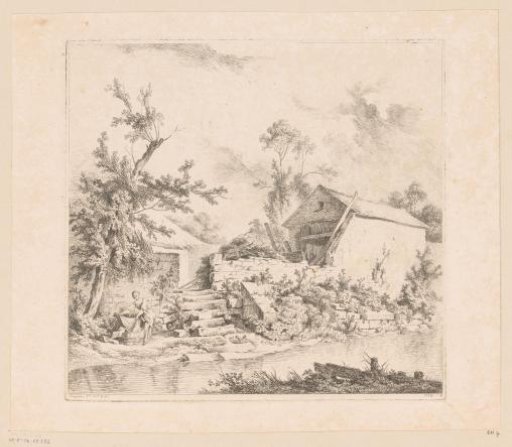 Woman with a wash tub by a watercourse
