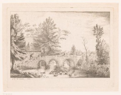 Landscape with a traveller on a bridge over a river