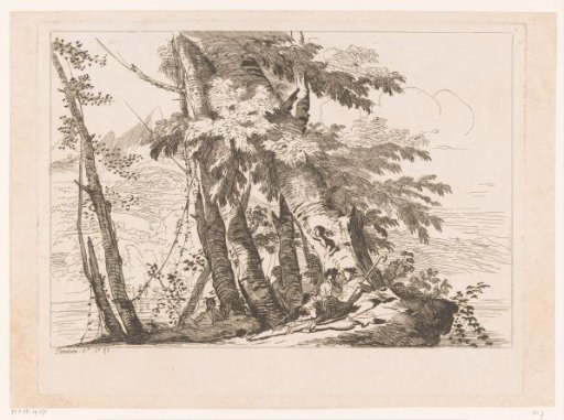Resting figures by a group of trees