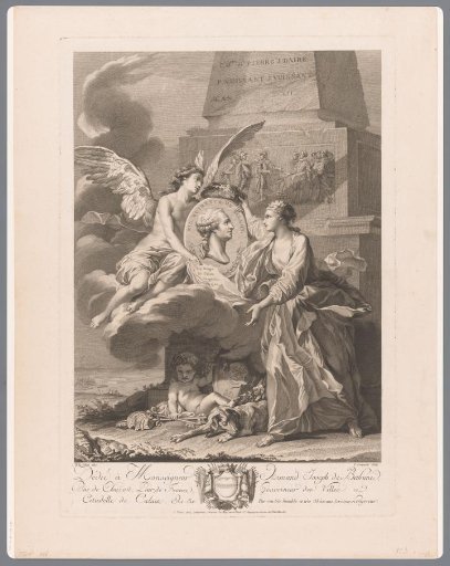 Portrait of Pierre-Laurent Buirette de Belloy held by a genius on a cloud with the personification of the city of Calais on the right