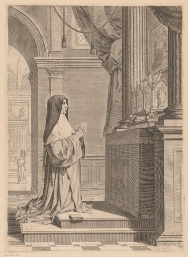 Saint Scholastica praying before a reliquary shrine