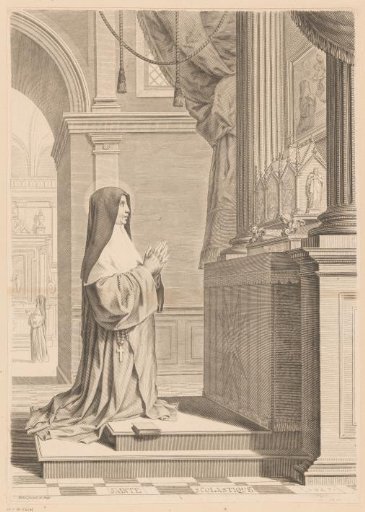 Saint Scholastica praying before a reliquary shrine