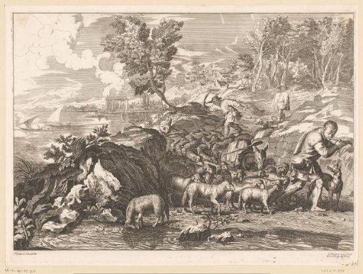 Shepherds with a Flock of Sheep in a Coastal Landscape