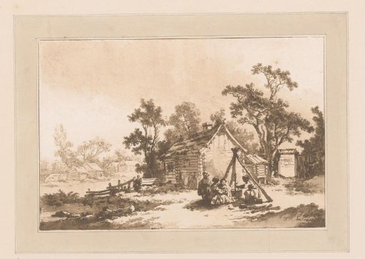 Group of figures cooking outdoors