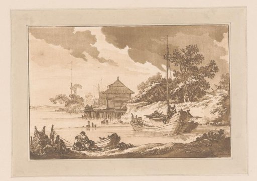 River landscape with three boats and a house on a jetty
