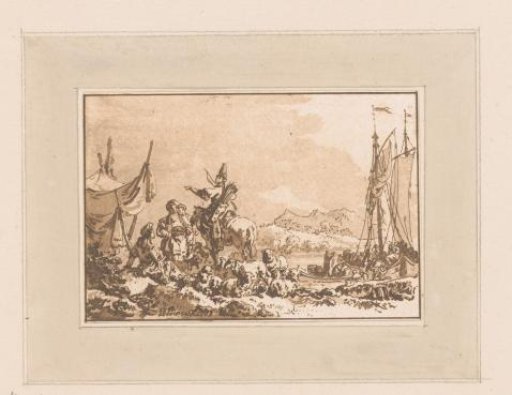 Figures in front of a tent in a harbour