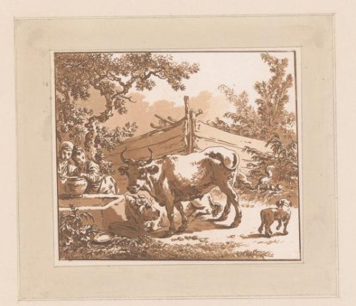 Two cows at a trough in front of a timbered wall