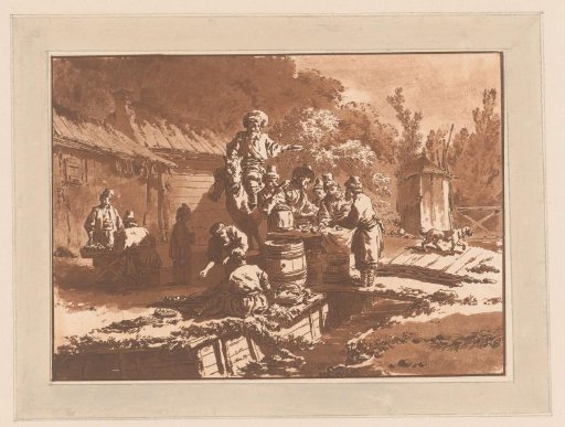 Landscape with merchants and men around a table made of barrels
