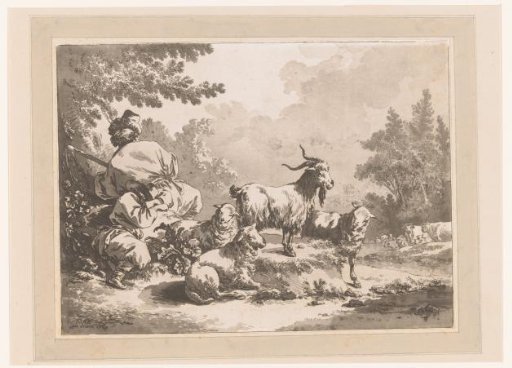 Two resting shepherds with sheep under a tree